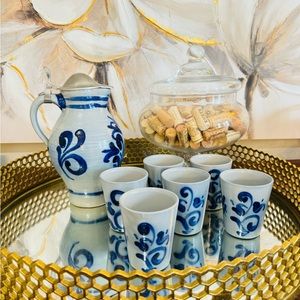 Vintage West Germany Salt Glaze Colbalt Blue Gray Stoneware Crock Pitcher 6 Cups